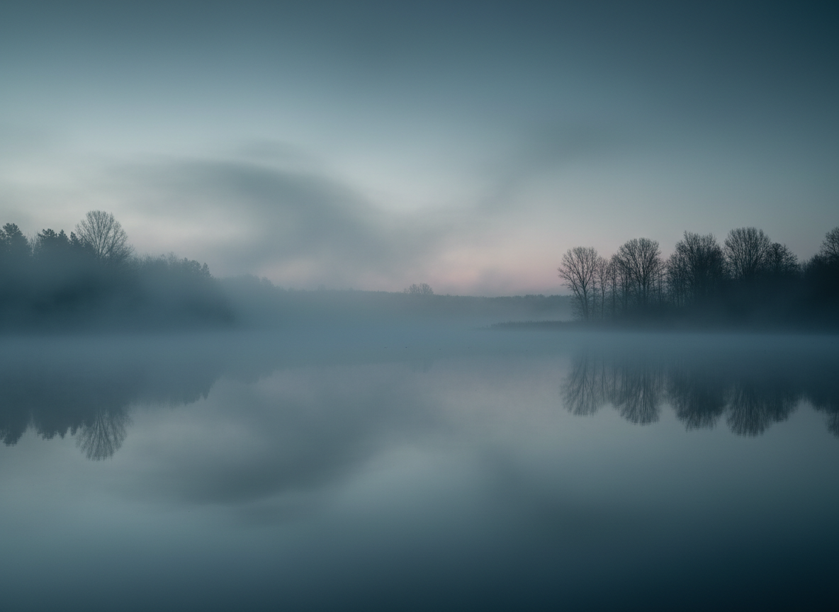 Serene misty water at dawn in muted deep teal and soft navy tones