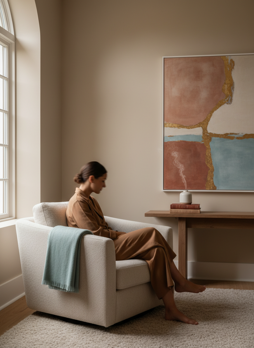 A calm minimalist therapy room in soft warm light