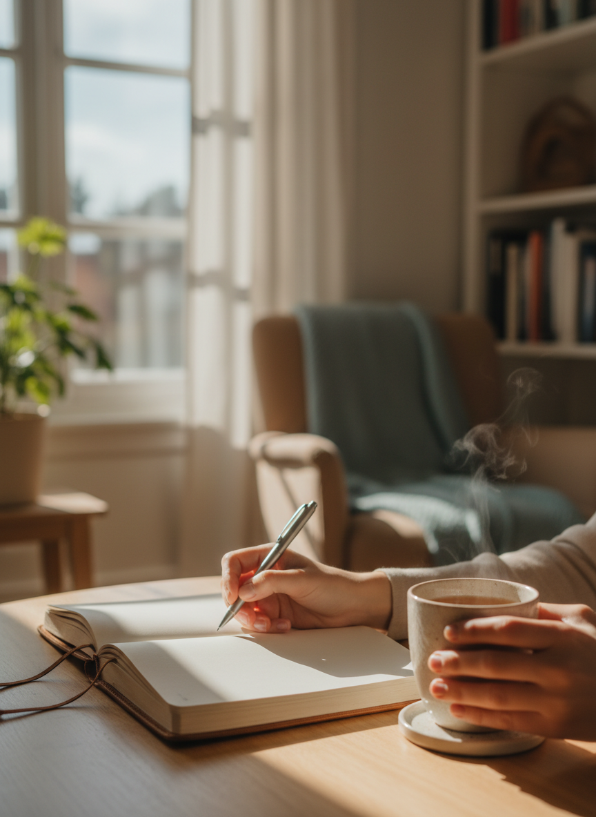 Hands journaling in a quiet, softly lit room with a cup of tea, serene and thoughtful