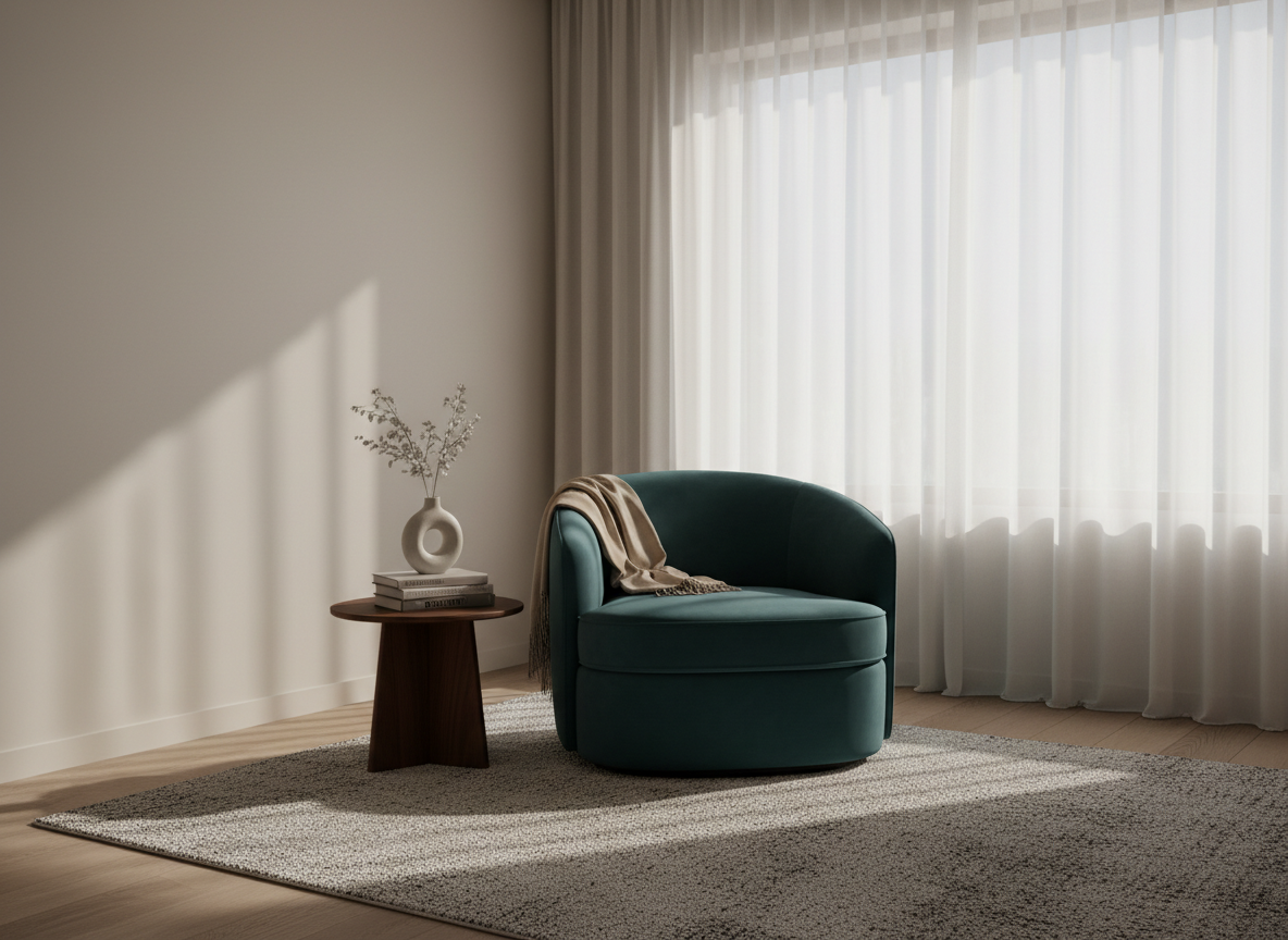 Soft natural light through sheer curtains in a serene minimalist therapy room with a comfortable armchair
