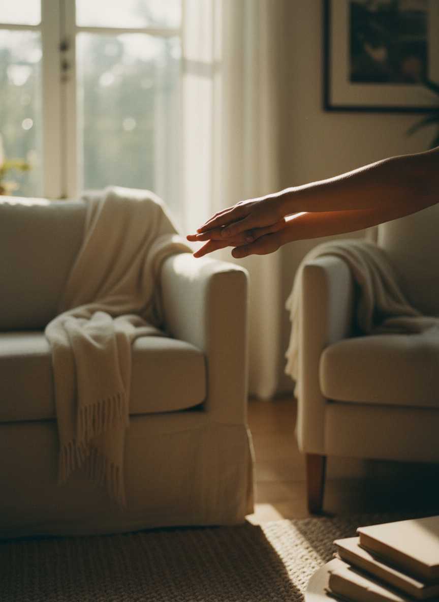 Silhouetted hands gently overlapping in a warm sunlit space, intimate and hopeful